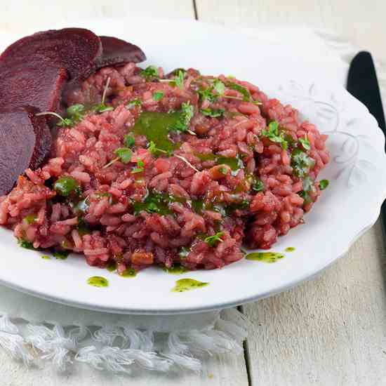 Beetroot risotto with streaky bacon