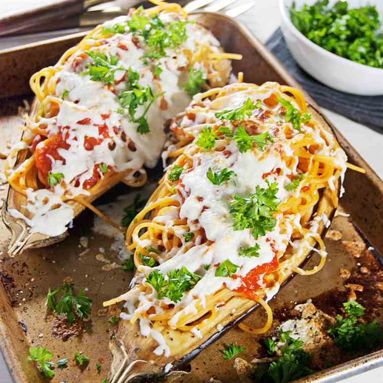 Roasted Eggplant Stuffed with Spaghetti