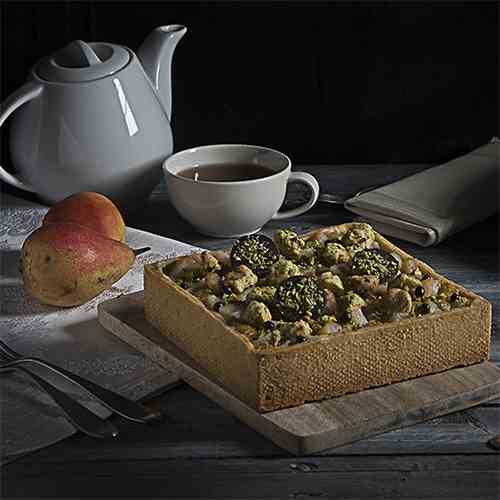 Pistachios, pears and chocolate tart