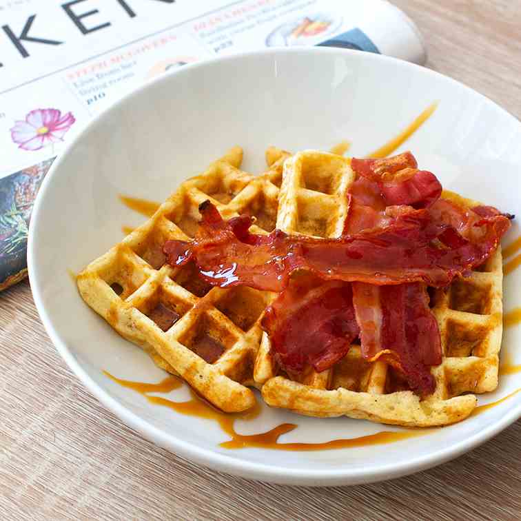 Breakfast Waffles with Bacon and Syrup
