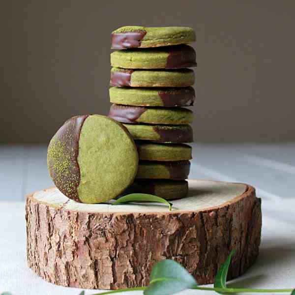 Chocolate dipped matcha shortbread