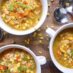 Corn, Three Pepper and Orzo Soup