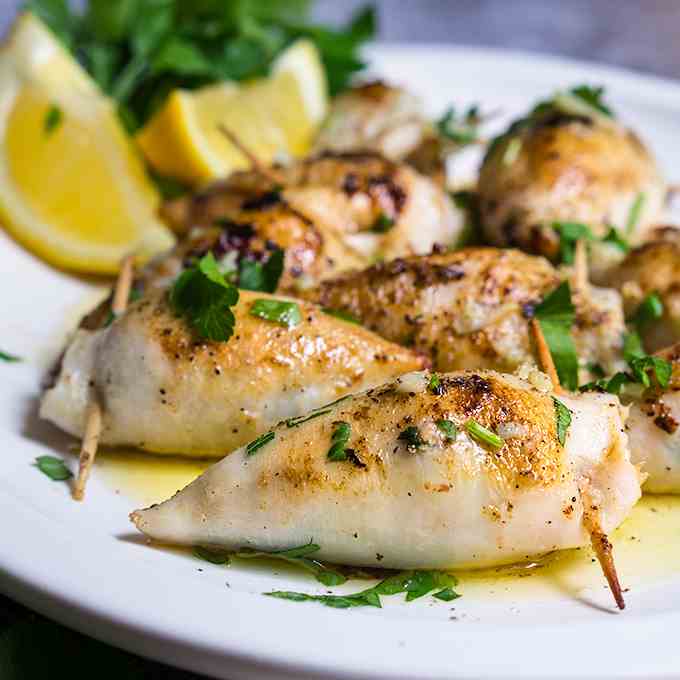 Stuffed calamari in lemon butter sauce 