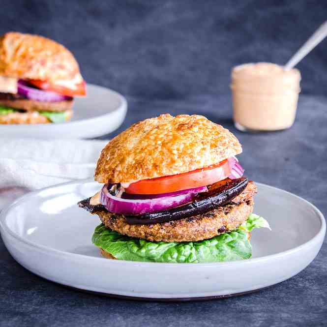 Smoky Eggplant Bean Burger - Garlic Mayo (