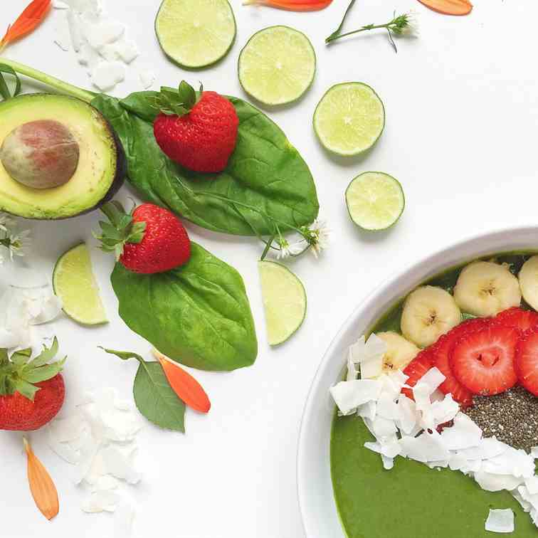 Avocado and Strawberry Green Smoothie Bowl