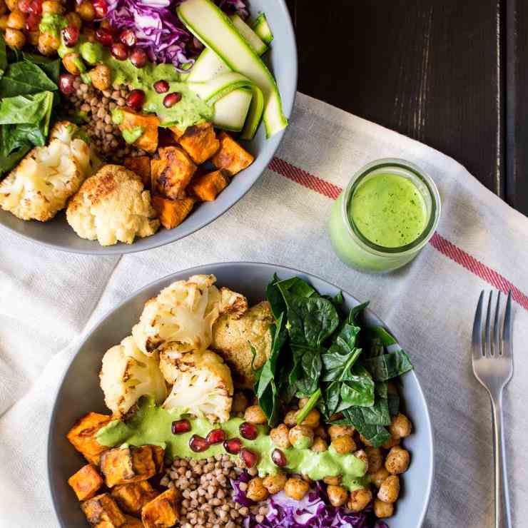 Winter goodness bowl with a green sauce