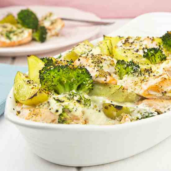 Salmon, broccoli and potato bake