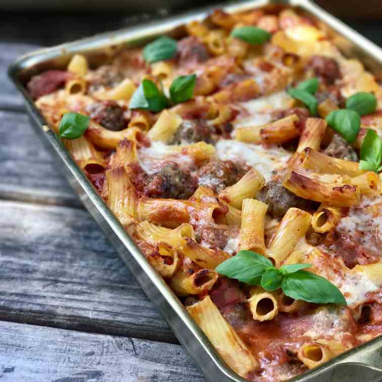 No-Boil Baked Ziti With Bison Meatballs