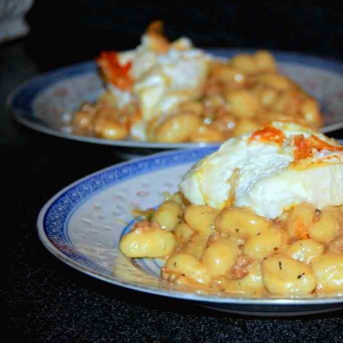 Gnocchi, spicy sausage sauce w goat cheese