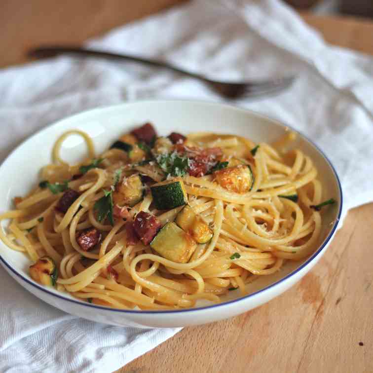 Chorizo Bacon Zucchini Linguini