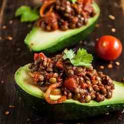 Avocado with smoky lentils