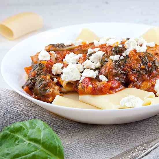 Pork sausage, tomato and spinach pasta