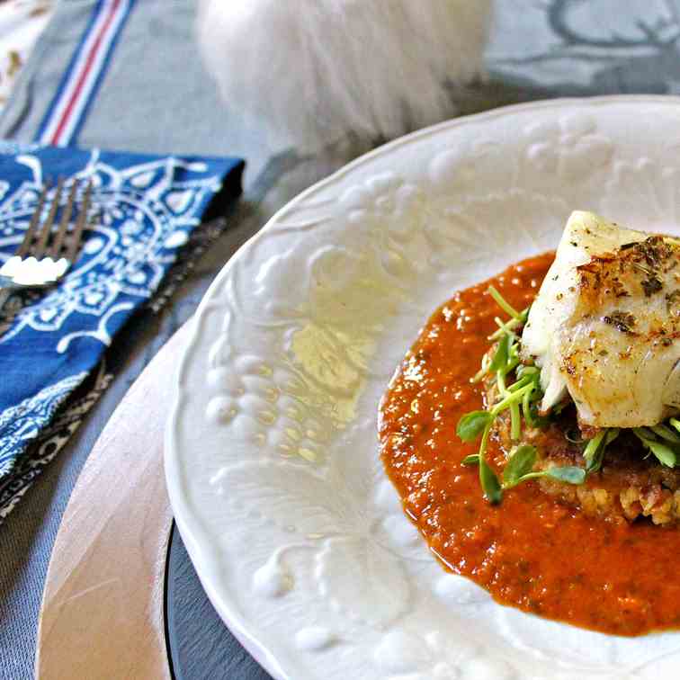 Cod with Zucchini Cake & Romesco