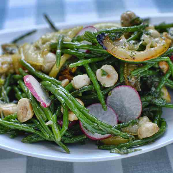 samphire, hazelnut and roast lemon salad