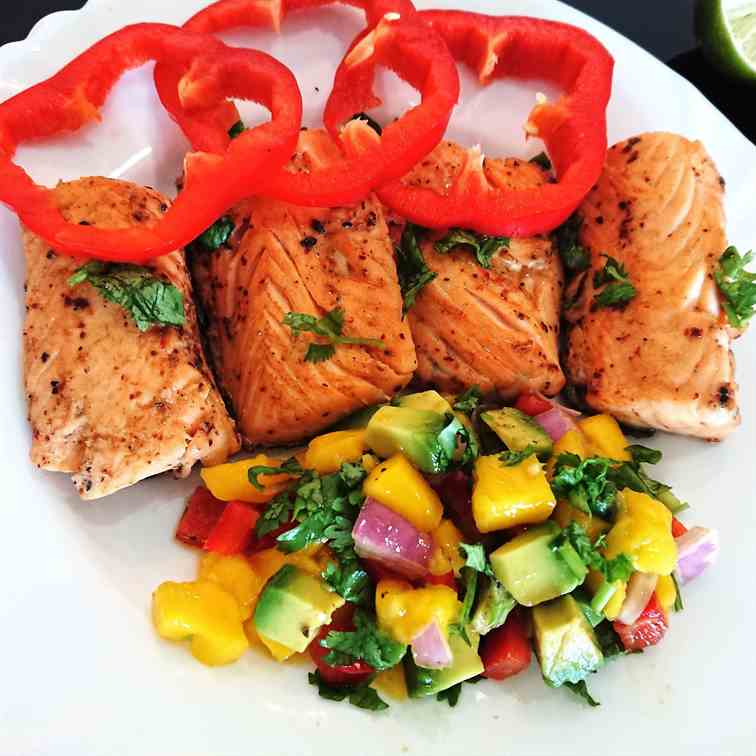 pan-seared salmon with mango avocado salsa