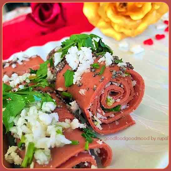 Pomegranate Flavored stuffed Khandvi