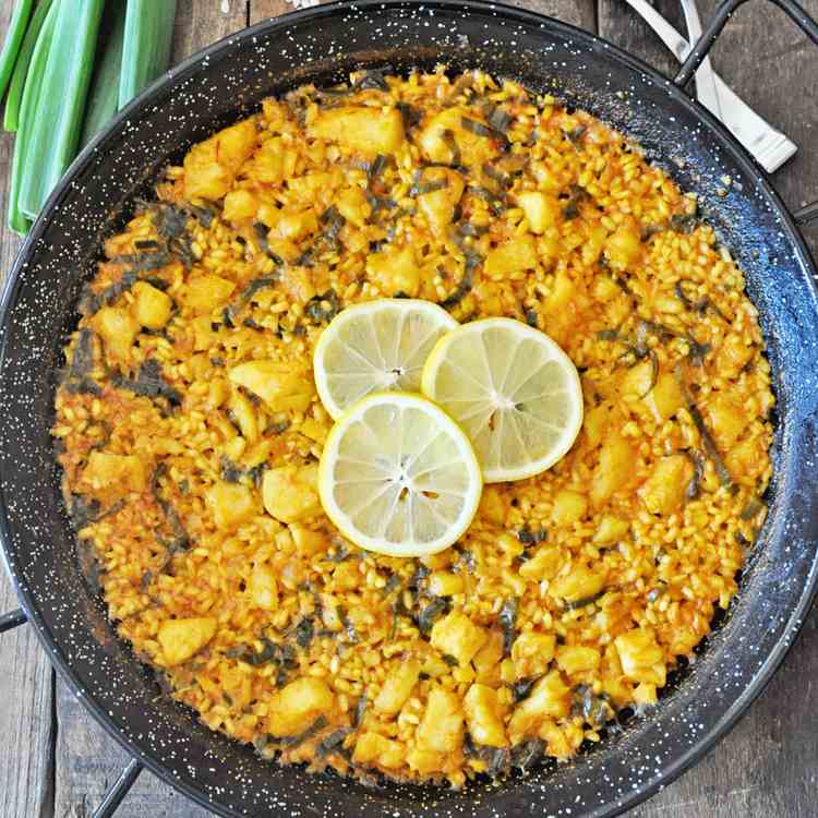 Spanish Paella with Cod and Scallions