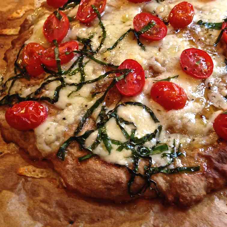 Basil, Fontina and Sugar Plum Tomato Pizza