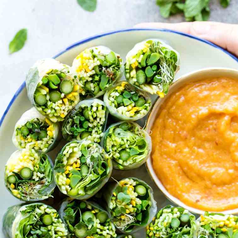 Green summer rolls with mango miso sauce