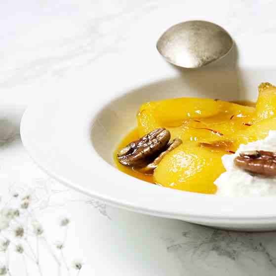 Raw honey - saffron poached pears