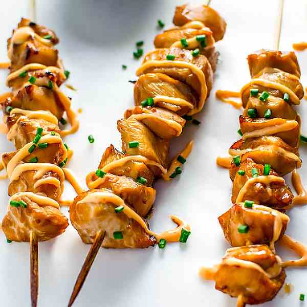 Teriyaki Chicken Kabobs with Sriracha Crea