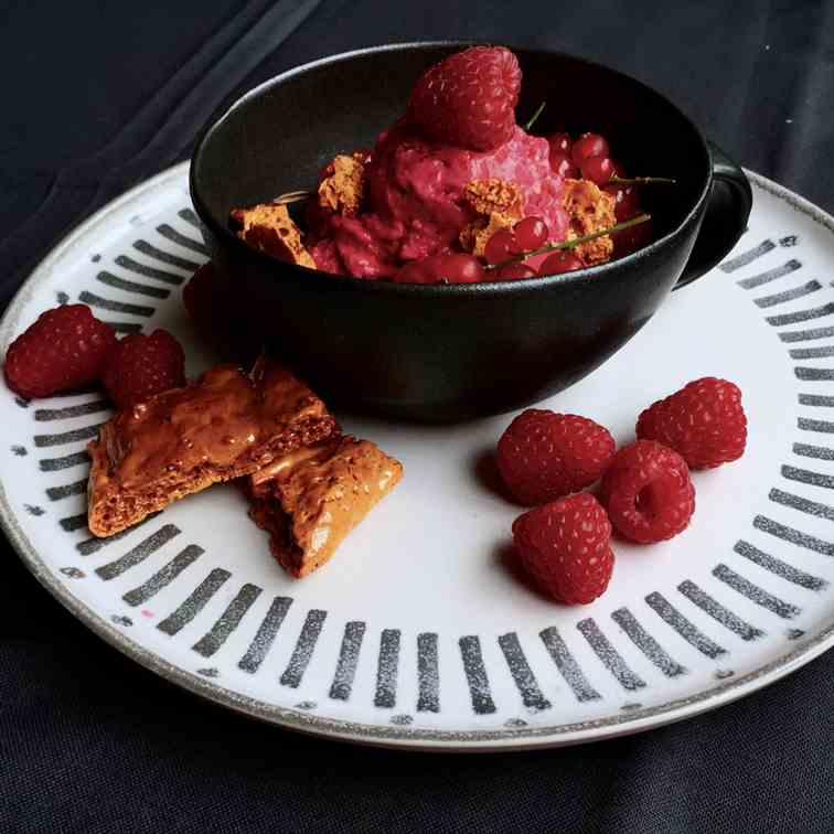 Raspberry ice cream topped with honeycomb