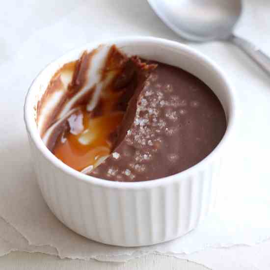 Salted chocolate pots with caramel sauce