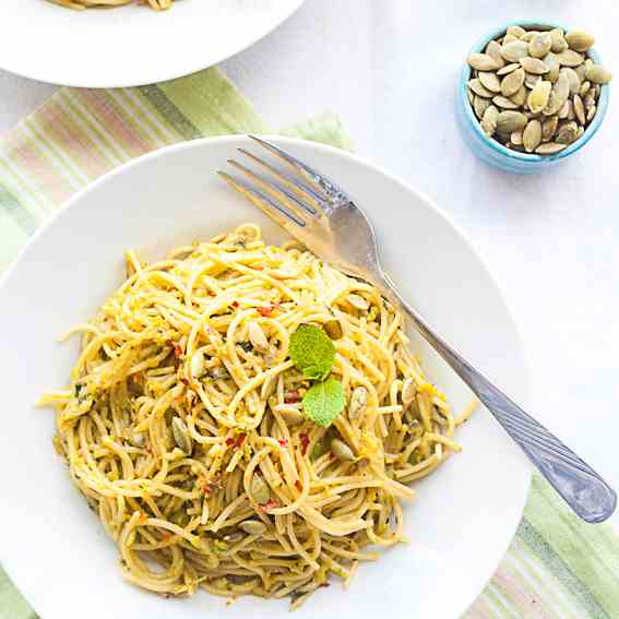 Spaghetti with avocado mint pesto