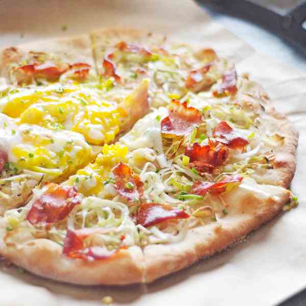 Prosciutto, Egg, and Leek Pizza