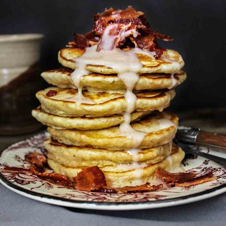 Lemon Pancakes with Candied Maple Bacon 