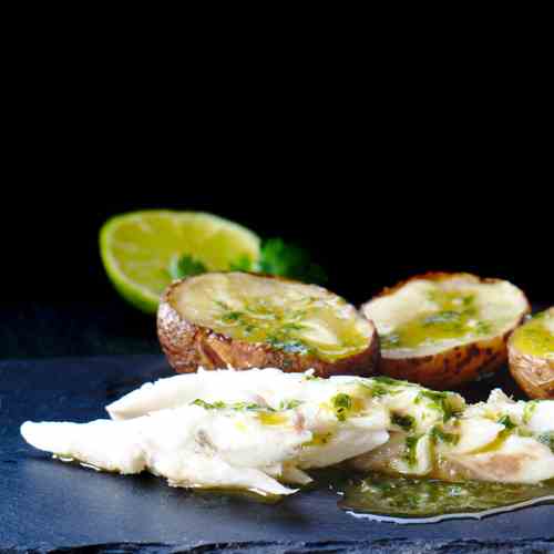 Salt sea bass with green sauce