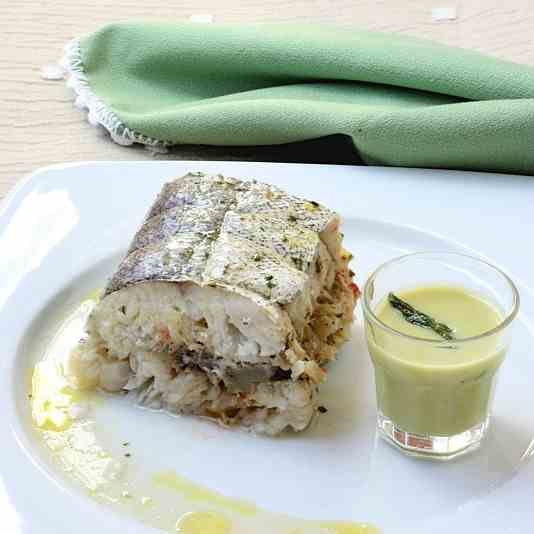 Hake stuffed with mushrooms and prawns