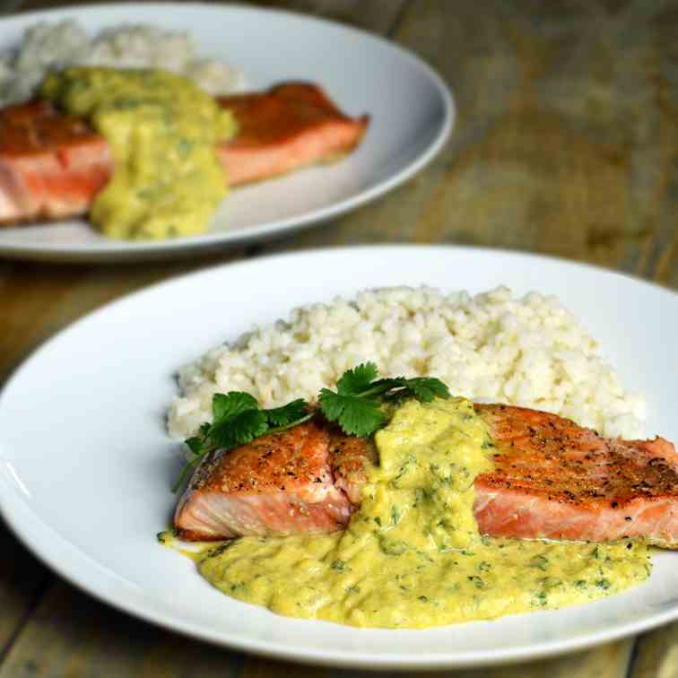 Salmon with Mango Sauce and Coconut Rice