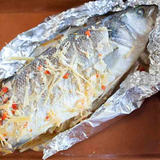 Baked sea bass with lemongrass and ginger