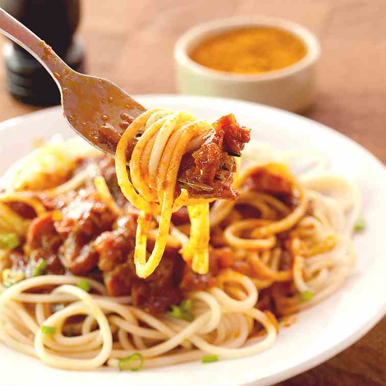 Spaghetti with Currywurst Sauce
