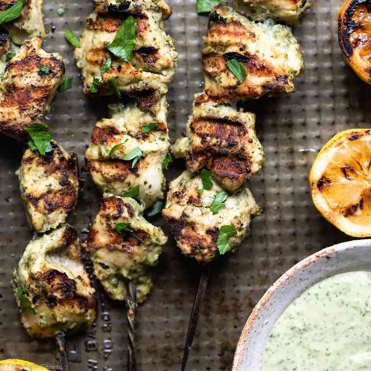 Herb Hummus Chicken Skewers