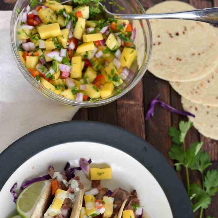 Flank Steak Tacos with Pineapple-Mango Sal