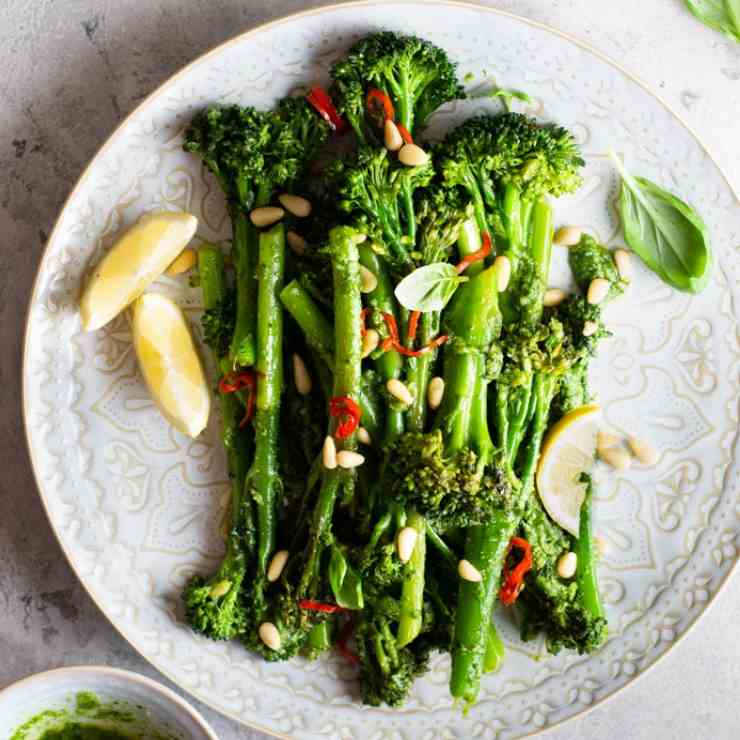 Broccolini with Pesto, Pine Nuts - Chilli