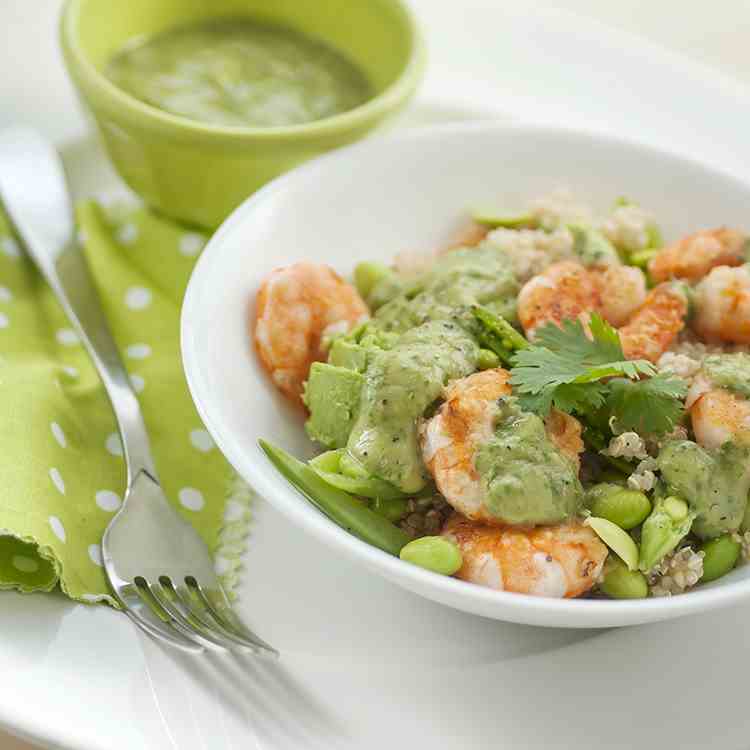 Prawns with quinoa and avocado dressing