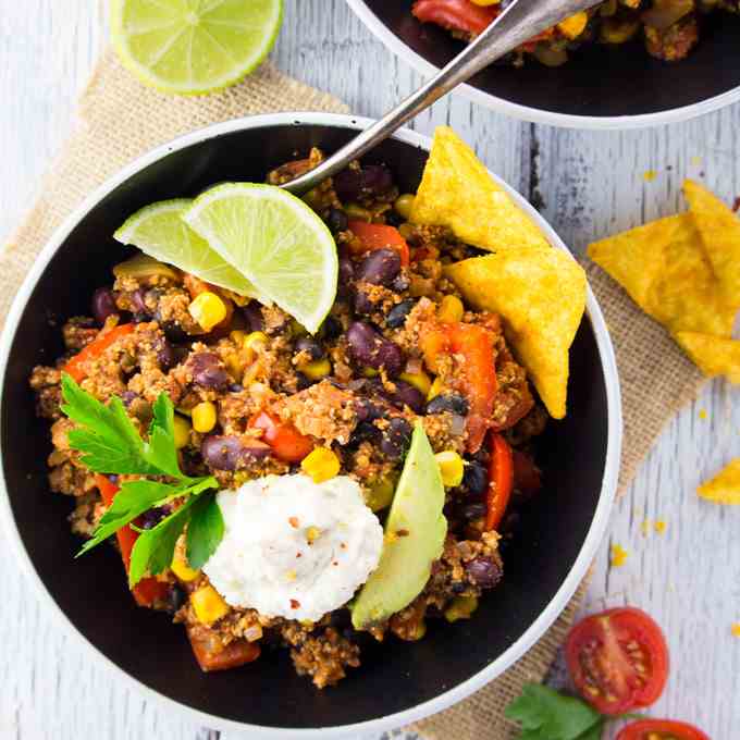 Spicy vegan tofu chili with sour cream