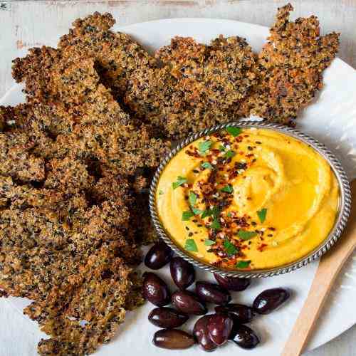 Carrot hummus - quinoa cumin crackers