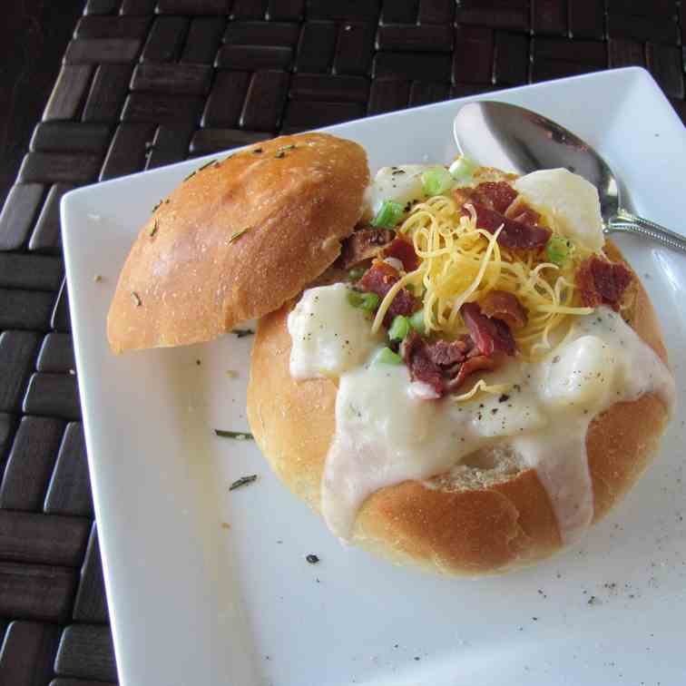 Creamy Baked Potato Soup with Bread Bowls