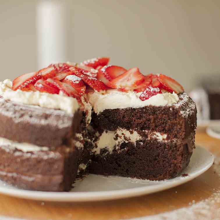 Strawberries and cream chocolate cake