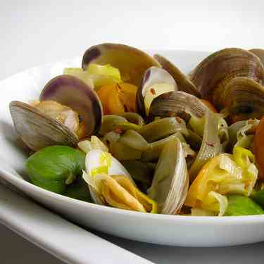 Clams, Fava Beans, Yellow Tomatoes + Pasta