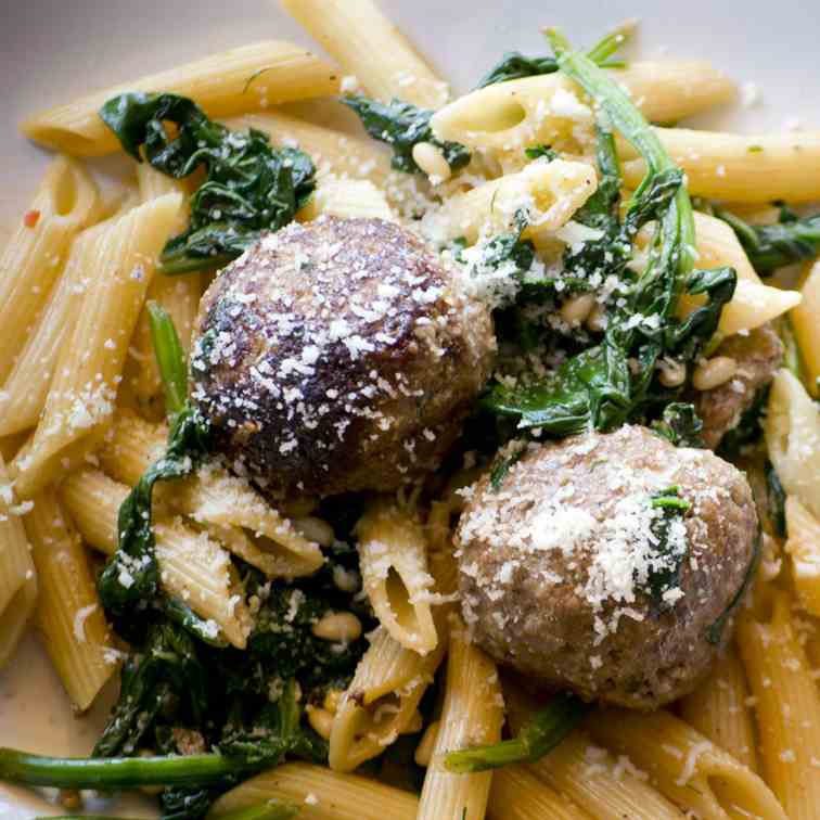 Beef Meatballs w/Penne, Spinach &Pine Nuts