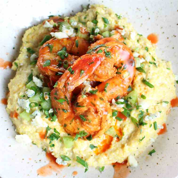 Buffalo Shrimp and Blue Cheese Grits