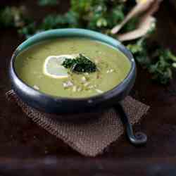 Celeriac and Spinach Soup with Baked Kale