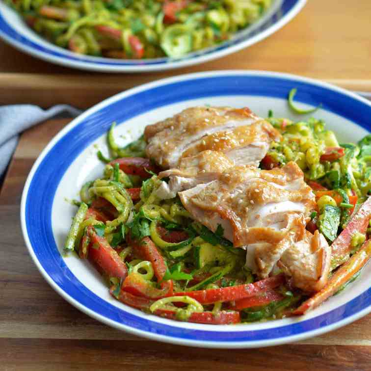 Pesto Zucchini Noodles - Baked Soy Chicken