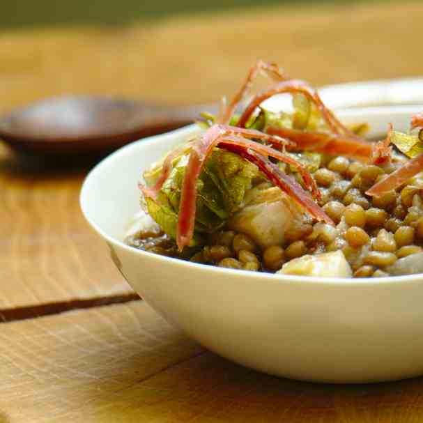 Lentils with artichokes and ham