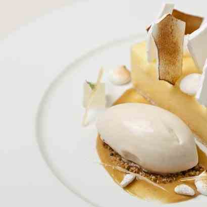 Lemon meringue pie with pine nut ice cream